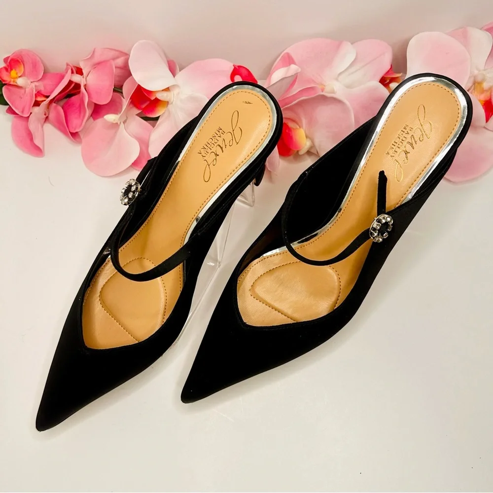 Jewel Badgley Mischka | Kaylin Pointed Toe Mule - Black Satin Heels (Size 8.5) - Picture 6 of 16